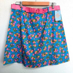 Retro floral skirt, bright blue with pink/purple/yellow flowers